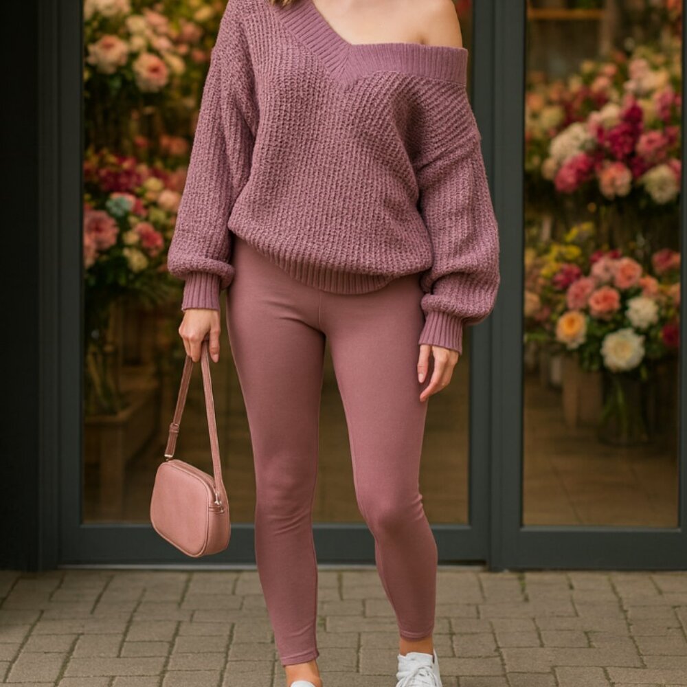 Women's Zenana Two Piece V-Neck Sweater & Legging Set Dusty Rose Pink